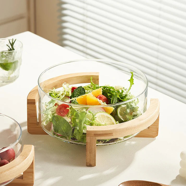 Round glass storage basket with woden handle