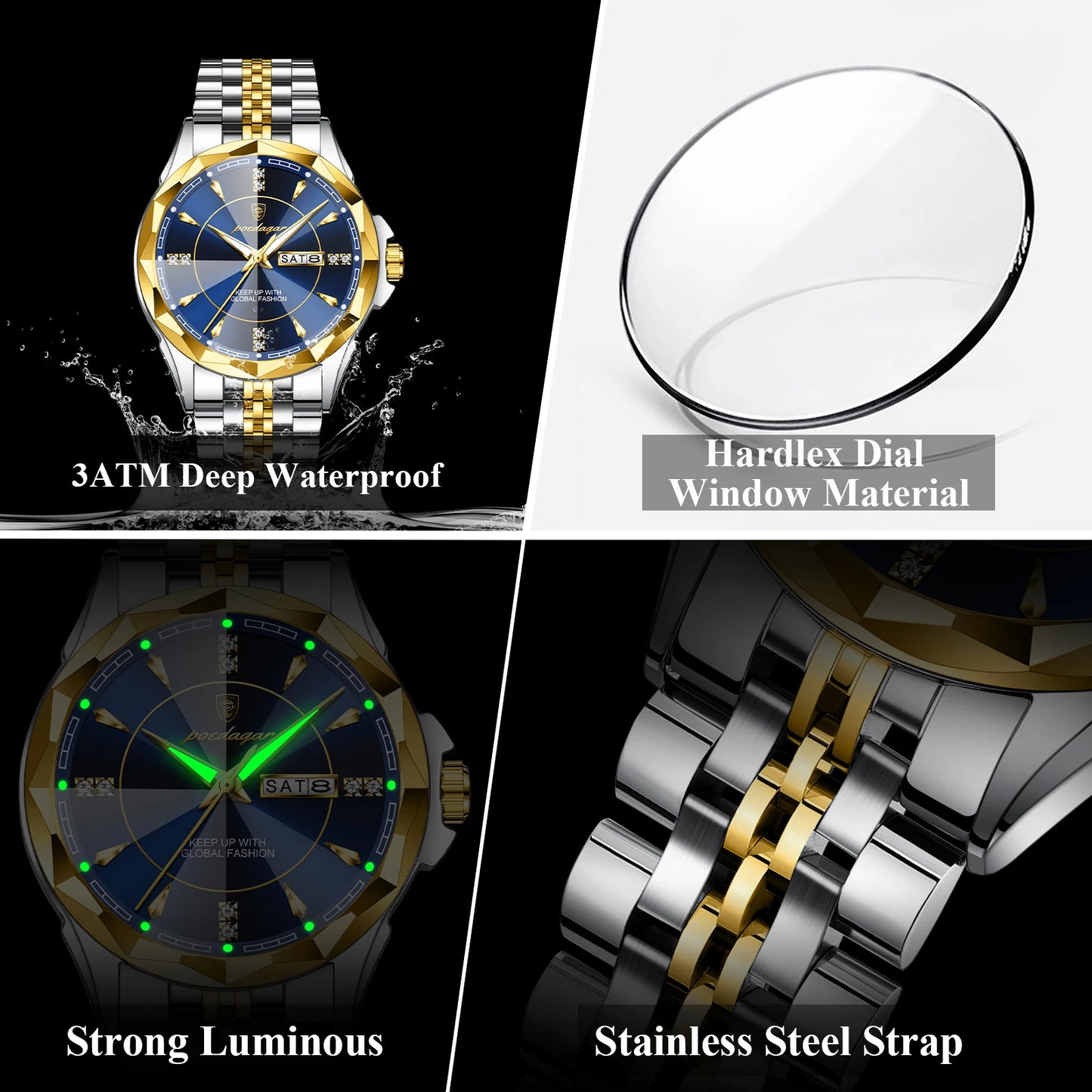POEDAGAR Luxury Fashion Man Clock Top Business Waterproof Luminous Date Week Men's Watches Quartz Stainless Steel Men