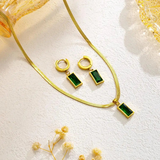 Stainless Steel Square Green Crystal Zircon Necklace Earrings Jewelry Set For Women Gold Color Chain Accessories Wedding Gift