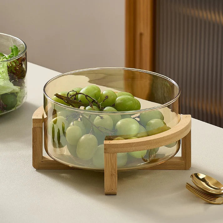 Round glass storage basket with woden handle