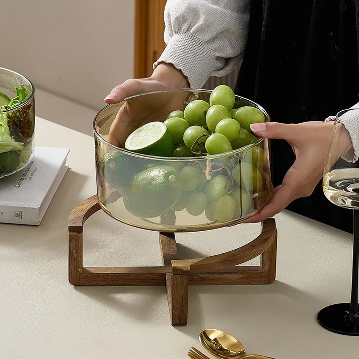Round glass storage basket with woden handle
