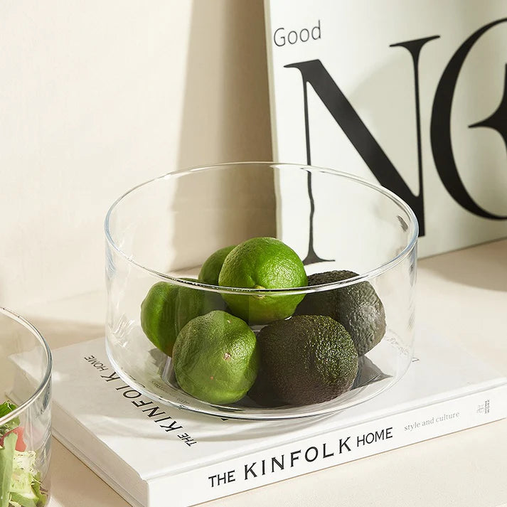 Round glass storage basket with woden handle